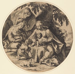 Święta Rodzina ze św. Elżbietą i św. Janem Chrzcicielem autorstwa Workshop of Jacob Matham, after Hendrik Goltzius