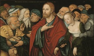 Niemiecki: Christus und die Ehebrecherin Chrystus i kobieta cudzołożna autorstwa workshop of Lucas Cranach the Elder