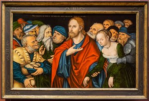 Niemiecki: Christus und die Ehebrecherin Chrystus i kobieta cudzołożna autorstwa workshop of Lucas Cranach the Elder