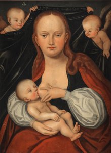 Madonna z Dzieciątkiem przed zasłoną trzymaną przez dwa anioły autorstwa workshop of Lucas Cranach the Elder