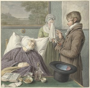 Lekarz odwiedza chorą staruszkę w łóżku autorstwa Wybrand Hendriks (attributed to)