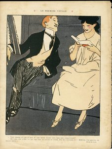 Ilustracja Xaviera Gose (1876-1915) w Le Lire, 27.08.10 - Pierwsza podróż - pociąg kolejowy, moda męska, Adultere