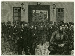 Wyjście z fabryki w Gandawie. Grawer X. Mellery, po naturze, ilustrujący historię „Belgia” w 1888 r. autorstwa Camille Lemonnier (1844-1913), krytyka sztuki i pisarza. Opublikowane w Tour du monde, 2. semestr 1883, pod redakcją Edouarda Chartona (1807-1890