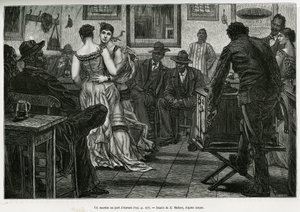 Musico w porcie w Antwerpii, gdzie żeglarze mogą pić i tańczyć przy dźwiękach kłujących organów. Grawer X.Mellery, ilustrujący historię Belgii, autorstwa Camille Lemonnier, opublikowany w Tour du monde pod redakcją Edouarda Chartona (1807-1890) autorstwa Xavier Mellery