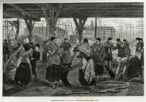 Spustoszenie skór przez kobiety zeskrobujące szczątki bestii rozciągniętych pod konstrukcjami sal portu w Antwerpii. Grawer autorstwa X.Mellery, ilustrujący historię Belgii, autorstwa Camille Lemonnier, opublikowany w Tour du monde, wyd.