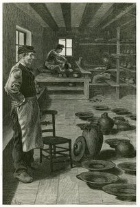 Garncarz z Terneuzen, w swoim warsztacie, zapchany wazonami i naczyniami, w pobliżu okna, garncarz obrabia glinę na uprzęży, a jego uczeń, poniżej, wykonuje obrót. Grawer X.Mellery, po naturze, aby zilustrować historię „”Belgia””, w 188