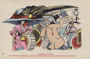 Pocztówka satyryzująca niebezpieczeństwa związane z dużymi kapeluszami i związanymi z nimi szpilkami do kapeluszy - moda 1909 autorstwa Xavier Sager