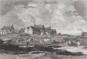Wiejski krajobraz z rzeką płynącą z prawej strony i domami w tle, 1845-75. autorstwa Xavier de Dananche