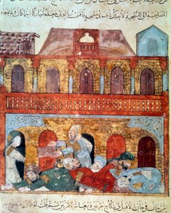 Wędrujący nawigator Abu Zayd (Abu Zayd, Abu Zayd) i śpiący kupcy Abu Mohammed al-Kasim ibn Ali Hariri (1054-1122) oświeceni przez Yahyę Mahmuda al-Wasiti (al-Wasiti) w autorstwa Yahya ibn Mahmud Al Wasiti