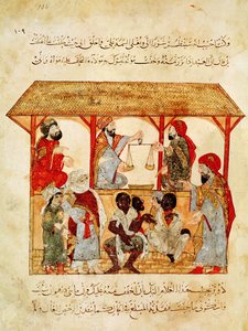 Pani Ar 5847 f.105, Targ niewolników, z „Al Maqamat” autorstwa Yahya ibn Mahmud Al Wasiti