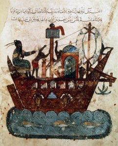 Pani Ar 5847 f.119v, Abu Zayd i Al-Harith płynące z Basry do Omanu, miniatura z Maqamat al-Hariri (Spotkania), ok. 1240 (gwasz na papierze)