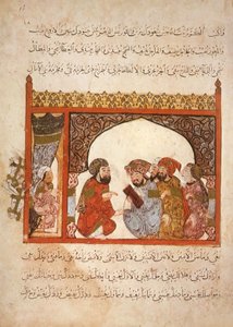 Ms Ar 5847 f.16, Kancelaria Maragha: gubernator zaproponował Abu Zaydowi wstąpienie do swojej służby, z Al Maqamat Al Haririego, ok. 1240 (gwasz na welonie) autorstwa Yahya ibn Mahmud Al Wasiti