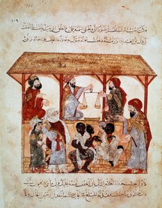 Marsz niewolników w Zabid (Zebid), Jemen. Miniatura w „Seansach”. Al-Maqamat” (Folio 105) oświetlony przez Yahya ibn Mahmuda al-Wasiti i napisany przez Hariri al-Basri, al-Qasim ibn Ali al (1054-1122)