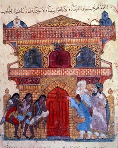 burżuazyjny al-Harith (Al Harith), syn Hammama i wędrowny nawigator Abu-Zayd (Abu Zayd) (albo Al-Hariri lub Al Hariri) (1054-1122) w Lumi autorstwa Yahya ibn Mahmud Al Wasiti