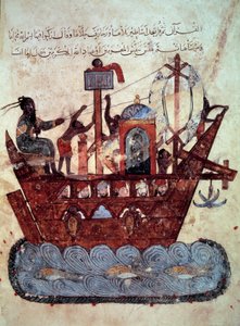 burżuazyjny al-Harith (Al Harith), syn Hammama i wędrowny nawigator Abu-Zayd (Abu Zayd) na miniaturowej łodzi z „Maqamat” (Seanse) Abu Mohammeda al-Kasima ibn Ali Hariri (lub Al- Hariri lub Al Hariri) (1054-1122) oświecony przez Yahya Mahmuda a autorstwa Yahya ibn Mahmud Al Wasiti
