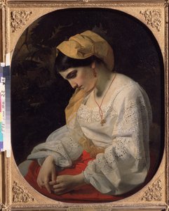 Młoda panna młoda (Oblubienica). Portret profil smutnej młodej kobiety o zrezygnowanym wyrazie. Obraz Jakowa Fiodorowicza Kapkowa (1816-1854), olej na płótnie autorstwa Yakov Fyodorovich Kapkov