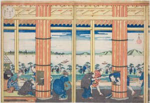 Schronisko przed deszczem na wzgórzu Nii nad rzeką Aji, Osaka (Osaka Ajigawa Niiyama amayadori), z serii „Słynne miejsca w Osace: piękne widoki na górę Tenpo (Naniwa meisho Tenpozan shokei ichiran)” autorstwa Yashima Gakutei