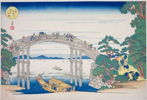 Kamienny most nad rzeką Aji w pobliżu wzgórza Nii, Osaka (Osaka Ajigawa Niiyama ishibashi), z cyklu „Słynne miejsca w Osace: piękne widoki na górę Tenpo (Naniwa meisho Tenpozan shokei ichiran)” autorstwa Yashima Gakutei