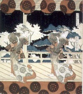 Dwóch tancerzy występuje na scenie, z The Dance at Furuichi dla serii Hisakataya Group, ok. 1822 (atrament) autorstwa Yashima Gakutei
