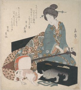 Kobieta strojąca shamisen i kot patrzący na własne odbicie autorstwa Yashima Gakutei
