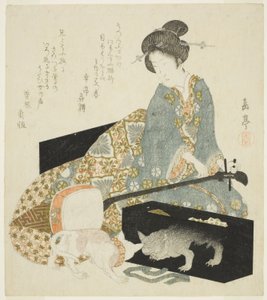 Kobieta z Shamisenem i Cat autorstwa Yashima Gakutei