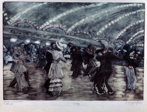 Tango a Luna Park (Taniec Tango w Luna Park). Pary tancerzy na szerokiej podłodze, oświetlone od sufitu girlandami światła. Grafika autorstwa Yelisaveta (Elisabeth) Sergeyevna Krouglikova (Elizaveta Sergeevna Krouglikova) (1865-1941), grawerowanie (