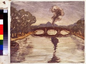 Łódź na Sekwanie. (Łódź na Sekwanie). Peinture de Yelisaveta (Elisabeth) Sergeyevna Kruglikova (Elizaveta Sergeevna Krouglikova) (1865-1941), estampe (monotypia)