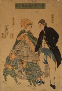 Cudzoziemcy oglądają taniec noworoczny, 1861 autorstwa Yoshitomi Utagawa