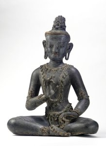 Bodhisattwa w stylu nepalsko-chińskim (lakier, tkanina, ślady niebieskiej, złotej i zielonej farby oraz złoty płatek) autorstwa Yuan Dynasty Chinese School