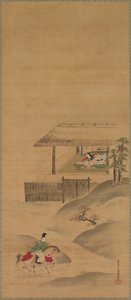 Minamoto no Nakakuni odwiedza Lady Kogo, Tryptyk z wiszących zwojów, koniec XVII wieku (tusz i kolor na jedwabiu)