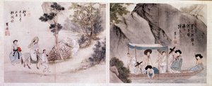 Art coreen: scena spacerów i łodzi. Ryciny Sin Yun Bok (lub Hyewon) (ur. 1758). 18 wiek. autorstwa Yun bok Sin