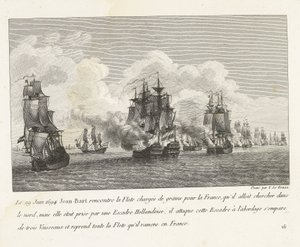 Jan Bart herovert graanschepen op een Hollands eskader, 1694 29 czerwca 1694 Jean-Bart spotkał flotę załadowaną zbożem dla Francji (...) i przejął całą flotę, którą przywiózł do Francji (tytuł na obiekcie) Zbiór walk Jean-Bart, szefa E autorstwa Yves Marie Le Gouaz