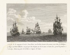 Jan Bart valt Hollandse schepen in de Baltische zee aan, 1675 Pod koniec kampanii 1675 r. Jean-Bart tym samym korsarzem z 10 działami, rejsy po Bałtyku, atakuje tam flotę holenderską (...) (tytuł na obiekcie) Kolekcja walk Jean-Bara