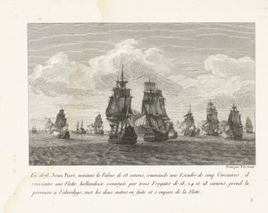 Jan Bart valt met zijn eskader een Hollandse vloot aan, 1676 W 1676 r. Jean Bart dosiadający 18-działowej Palmy dowodził szwadronem pięciu korsarzy (...) (tytuł na obiekcie) Zbiór walk Jeana-Barta, dowódcy eskadry Ludwika XIV (tytuł serii)