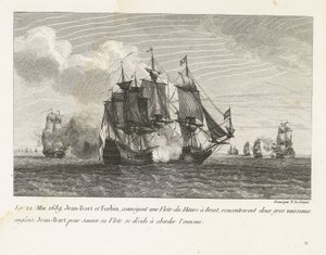 Jan Bart valt twee Engelse schepen aan, 1689 22 maja 1689 Jean-Bart i Forbin, przewożąc flotę z Le Havre do Brestu, napotkali dwa duże angielskie statki, Jean-Bart, aby uratować swoją flotę, postanawia zbliżyć się do wroga (tytuł na obiekcie) Kolekcja c autorstwa Yves Marie Le Gouaz