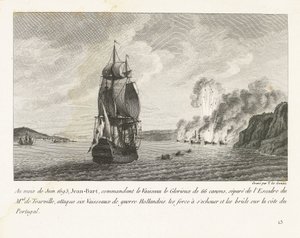 Jan Bart valt zes Hollandse schepen aan voor de kust van Portugal, 1693 W czerwcu 1693 Jean-Bart dowodzący Vaisseau le Glorieux z 66 działami (...) zaatakował sześć holenderskich okrętów wojennych (...) na wybrzeżu Portugalii (tytuł na obiekcie) Rec