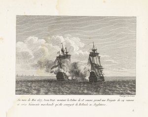 Jan Bart verovert een Hollands fregat, 1677 W maju 1677 Jean-Bart wsiadł na 18-działową Palme, wziął 24-działową fregatę i szesnaście statków handlowych, które konwojował z Holandii do Anglii (tytuł na obiekcie) Kolekcja walk Jei autorstwa Yves Marie Le Gouaz