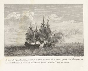 Jan Bart verovert een Hollands fregat, 1677 We wrześniu 1677 Jean-Bart wsiadł na 18-działowy Palme na pokład 36-działowego holenderskiego statku, z kilkoma statkami handlowymi pod swoim konwojem (tytuł na obiekcie) zbiór walk