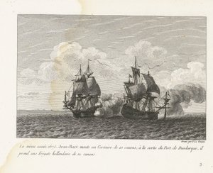 Jan Bart verovert een Hollands fregat bij Duinkerke, 1675 W tym samym roku 1675 Jean-Bart zamontował 10-działowy Corsair; przy wyjściu z portu Dunkierka zabiera holenderską fregatę z 12 działami (tytuł na obiekcie) Kompilacja walk Jean-Bart, ch