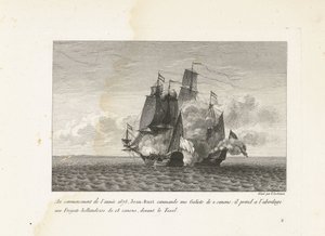 Jan Bart verovert een Hollands fregat bij Texel, 1675 Na początku 1675 r. Jean-Bart dowodzi Galiote z 2 działami: wszedł na pokład holenderskiej fregaty z 18 działami, przed Texel (tytuł na obiekcie) Kolekcja walk Jean-B