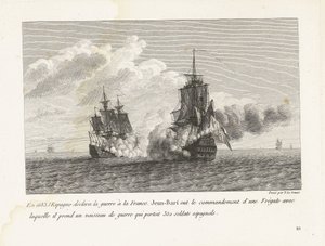 Jan Bart verovert een Spaans schip spotkał 350 żołnierzy w zarządzie, 1683 r. W 1683 roku Hiszpania wypowiedziała wojnę Francji, Jean-Bart objął dowództwo fregaty, z którą przejął okręt wojenny przewożący 350 żołnierzy hiszpańskich (tytuł na obje