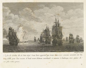 Treffen tussen een vloot onder Jan Bart en een Hollandse vloot, 1696 Pod koniec bitwy 18 czerwca 1696 Jean-Bart dowiaduje się, że trzynaście okrętów wroga (...) i wraca do Dunkierki z piętnastoma najbogatszymi nagrodami (tytuł na obiekcie) Kolekcja komba