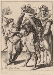 Kupidyn z zawiązanymi oczami trzymający pochodnię przed parą autorstwa Zacharias Dolendo after Jacques de Gheyn II