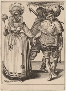 Mężczyzna w turbanie prowadzący kobietę w pawich piórach autorstwa Zacharias Dolendo after Jacques de Gheyn II