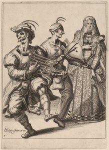 Kobieta w welonie z dwoma muzykami grającymi na ruszcie i miechu autorstwa Zacharias Dolendo after Jacques de Gheyn II