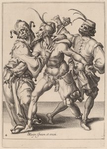 Trzech tańczących komediantów, w tym błazen autorstwa Zacharias Dolendo after Jacques de Gheyn II