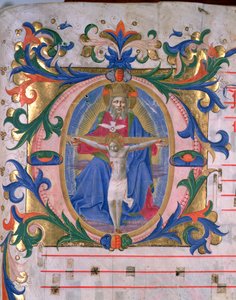 Ms 523 f.166r Historyczny inicjał „O” z Trójcą, z Mszału, c.1446-60 (welum)