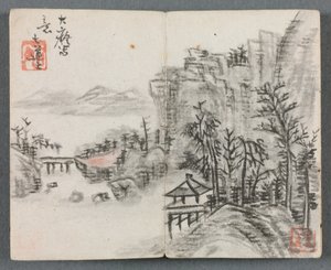 Album miniatur z postaciami i krajobrazem Pejzaż klifowy z mostem, 1822. autorstwa Zeng Yangdong