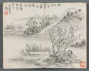 Album miniatur z postaciami i pejzażem Pejzaż ze wzgórzem, 1822 r. autorstwa Zeng Yangdong