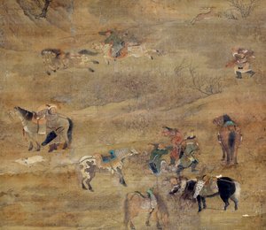 Mongolski jeździec goni konia. Szczegół. Obraz na jedwabiu Fou Tchao Mong (1254-1322). Dynastia Yuan (1206-1368 AD) Paryż, Muzeum Guimet, Narodowe Muzeum Sztuki Azjatyckiej